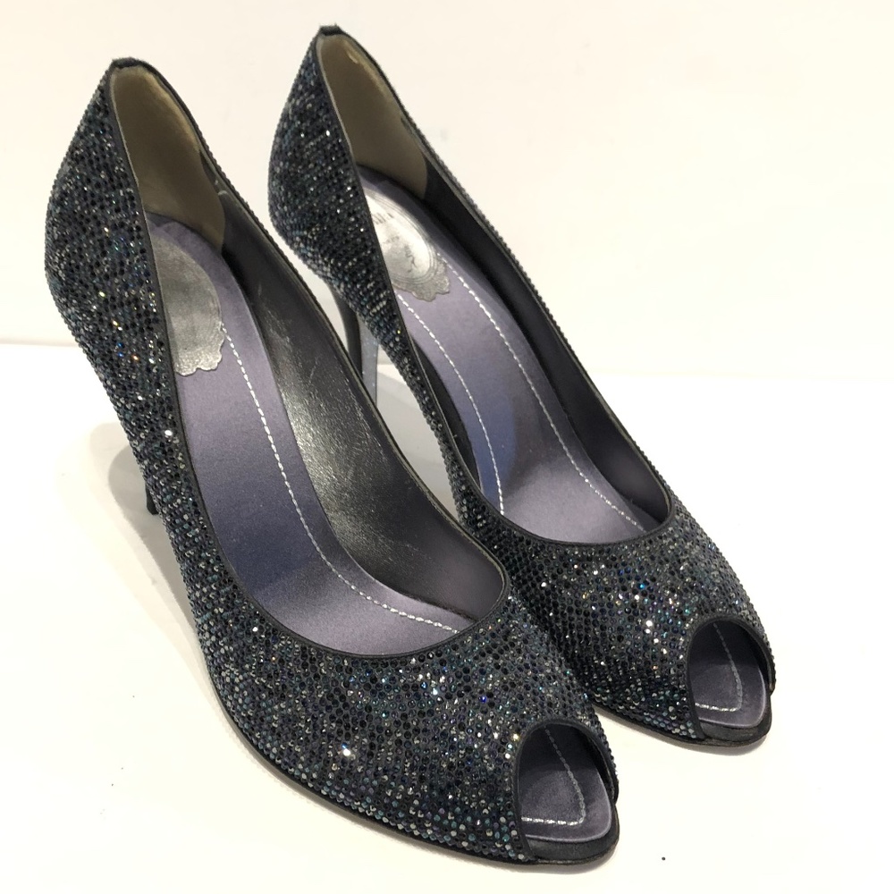 René Caovilla Navy Blue Purple Satin Crystal Pumps
